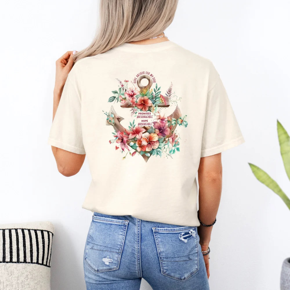 Woman wearing a beige Hope Anchor Floral Shirt with Hawaiian flowers design on the back by Be Still and Know.