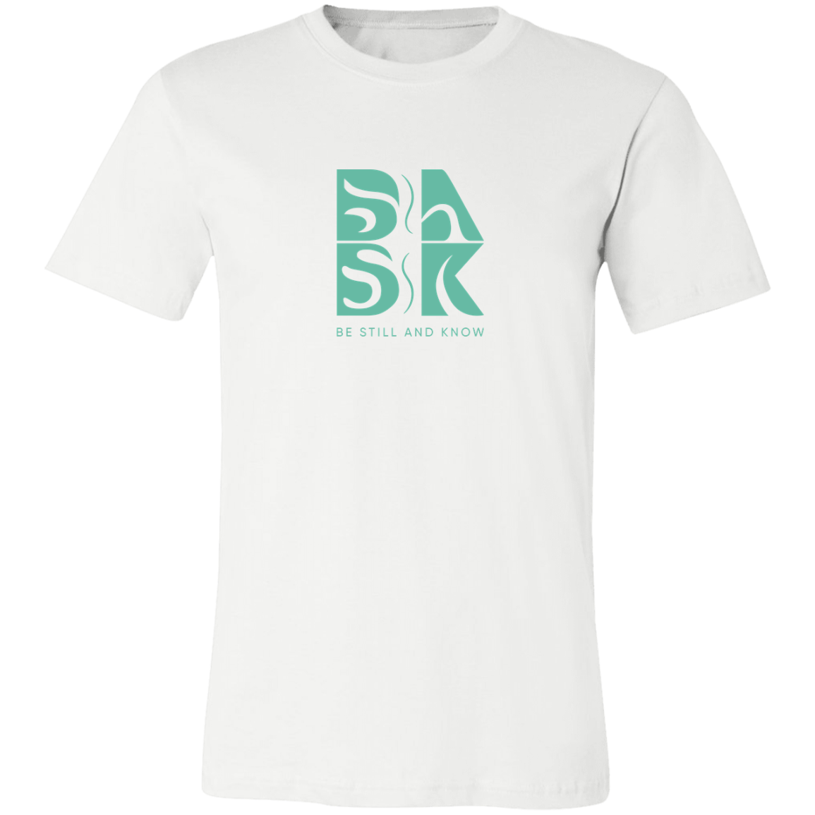 A Blessed Beginnings Tee In White with a green Be Still and Know Logo on it.