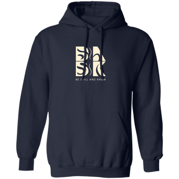A Blessed Beginnings Hoodie In Navy with a Be Still and Know logo on it.