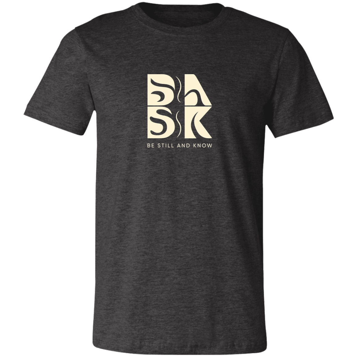 A Blessed Beginnings Tee In Dark Heather Grey with the word "bask" and the BSAK logo, perfect for Christian clothing enthusiasts searching for stylish Christian apparel. Created by Be Still and Know brand.