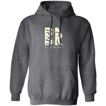 A gray Blessed Beginnings Hoodie In Dark Heather with a white Be Still and Know Logo on it.