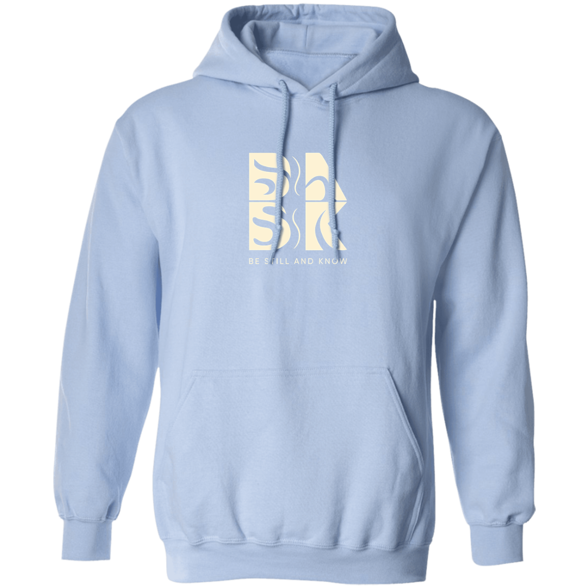 A Coastal Calm Hoodie in Light Blue with a white Be Still and Know logo on it.