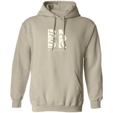 A Coastal Calm Hoodie in Sand with a Be Still and Know logo.