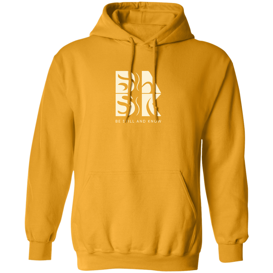 A Be Still and Know Golden Coast In Hoodie in Gold featuring the BSAK logo on a yellow background.