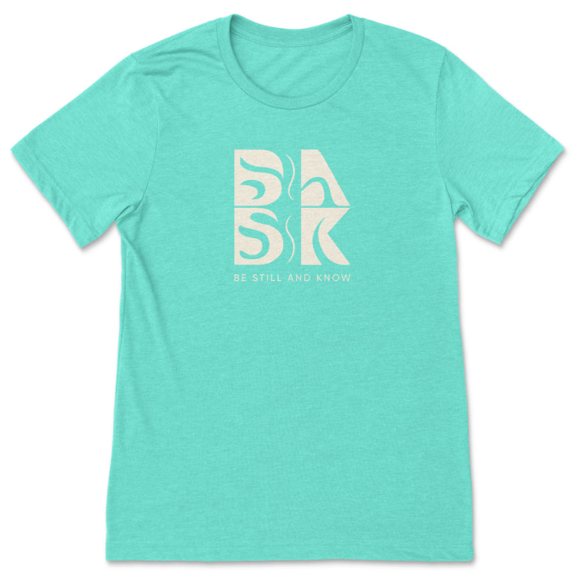 A Aloha Maluhia Tee In Heather Mint with the Be Still and Know logo on it, perfect for Christian Clothing or Christian Apparel.