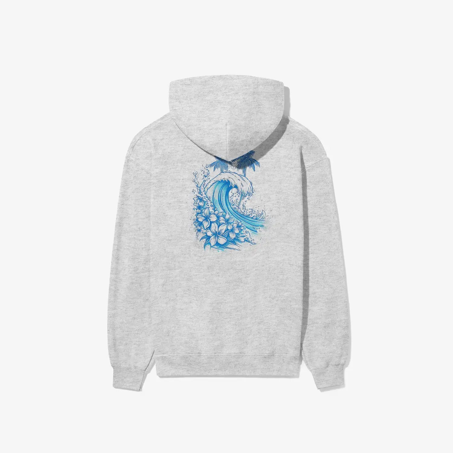 The Be Still and Know Kupa'a Tide Hoodie features a blue wave on its grey fabric, representing unwavering faith.