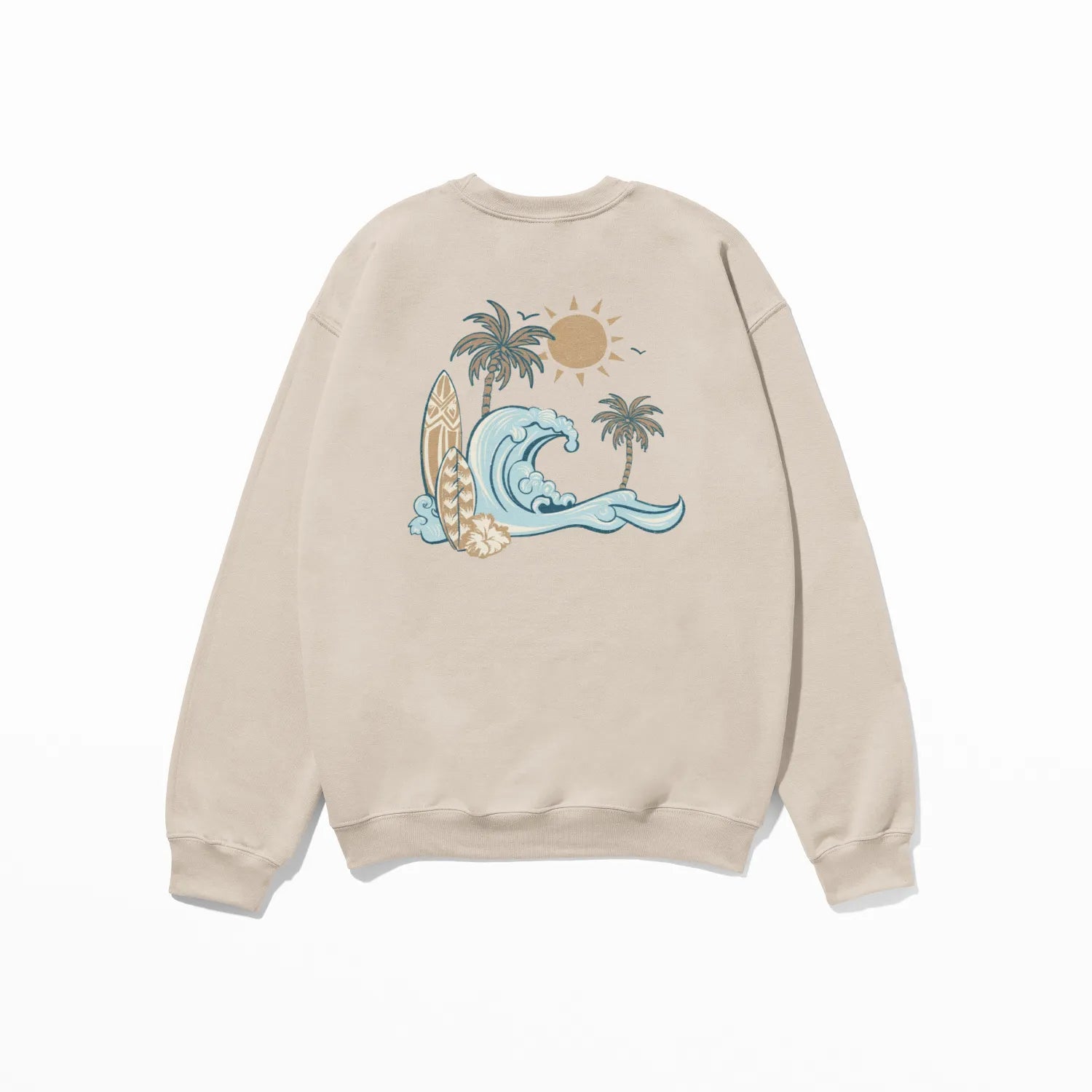 A beige Nalu o ka Mana (Waves of Faith) sweatshirt featuring a palm tree and wave design, perfect for Christian clothing enthusiasts from the Be Still and Know brand.