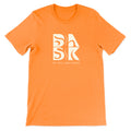 A Be Still and Know Christian Golden Coast Tee In Orange with the word bask on it.
