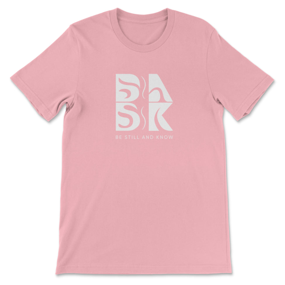 A Coastal Calm Tee in Pink with the word "bask" on it, perfect for those who love Christian apparel or clothing by Be Still and Know.