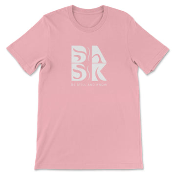 A Coastal Calm Tee in Pink with the word "bask" on it, perfect for those who love Christian apparel or clothing by Be Still and Know.