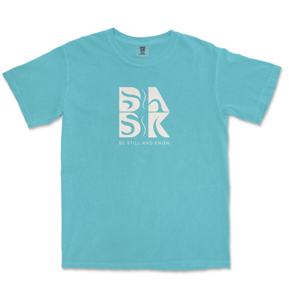 A Aloha Tee In Seafoam with the word "bak" and the BSAK logo, perfect for Christian Clothing enthusiasts.