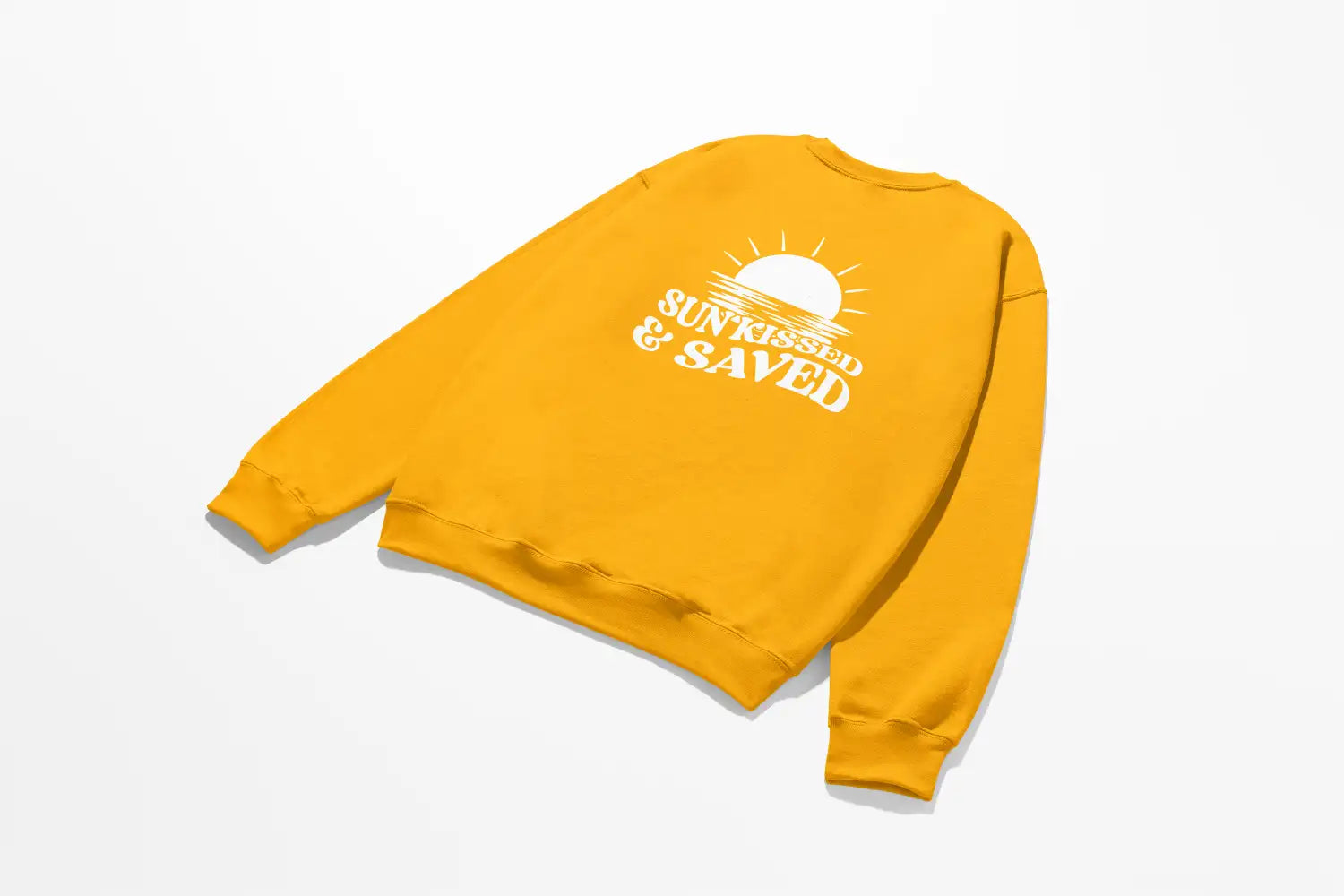 A yellow Sunkissed & Saved Sweatshirt by Be Still and Know, with a sun on it, radiating sun rays.