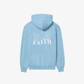 A blue Water Walking Faith Hoodie with white text featuring the words 