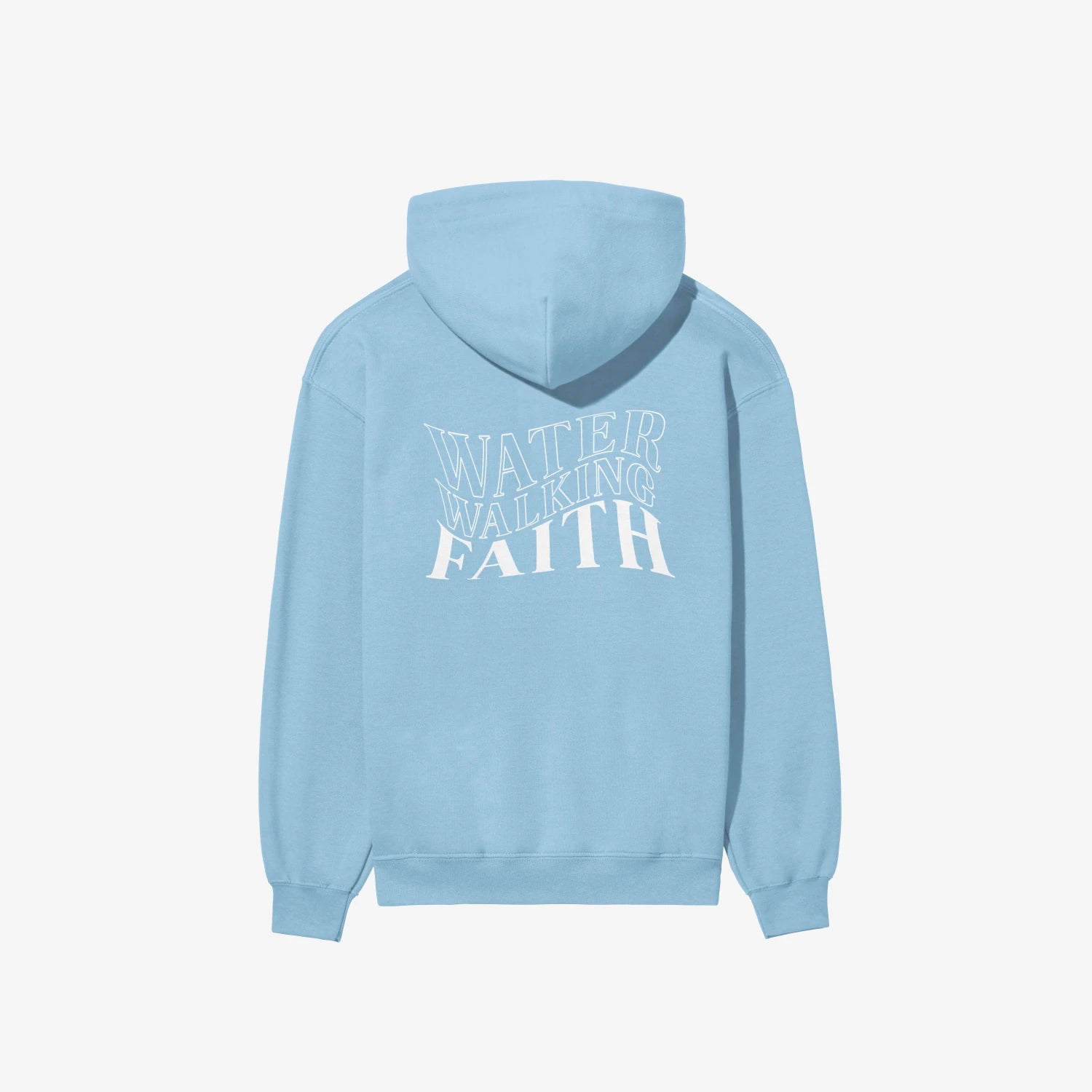 A blue Water Walking Faith Hoodie with white text featuring the words "Water Walking Faith"
from the brand Be Still and Know.
