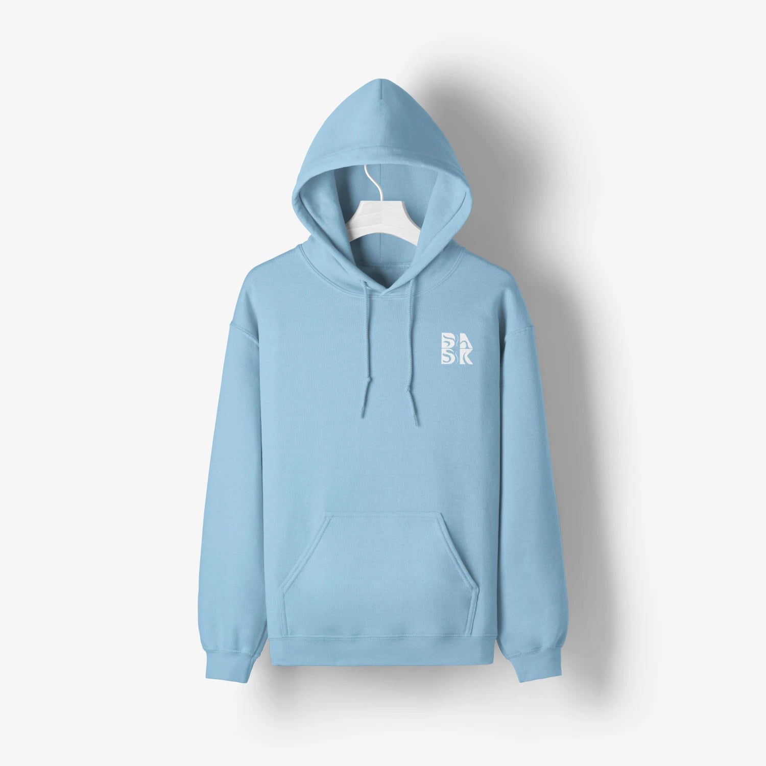 A light blue Water Walking Faith Hoodie with the letter b on it, perfect for Be Still and Know Clothing enthusiasts.